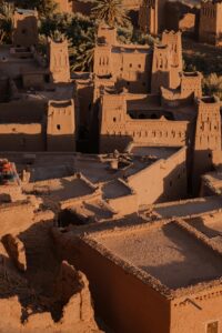 A stunning aerial shot of the historic architecture of Ait Benhaddou, Morocco.