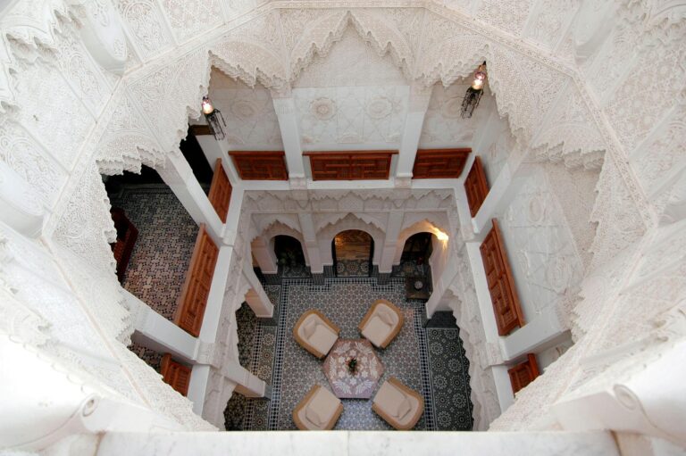 Stunning high-angle view of a traditional Moroccan riad courtyard in Marrakech, showcasing intricate architecture.