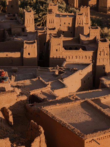 A stunning aerial shot of the historic architecture of Ait Benhaddou, Morocco.